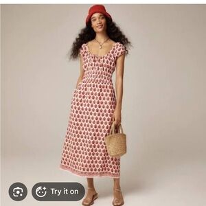 J Crew Cap-sleeve midi dress in block print linen